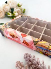 Крышка/дно с окном "под 12 конфет", Крафт цветы, КУ-00369 (кор/100шт)