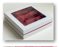 Коробка для конфет 9 шт ПРЕМИУМ с бол.окном 160*160*45мм (белая с кр.мат.лож), арт.051560 (34 шт/уп)