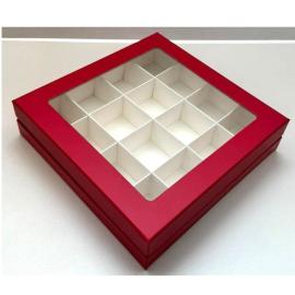 Коробка для конфет ЛЮКС с большим окном 180*180*45 (16) (красная матовая/белая), арт.051780