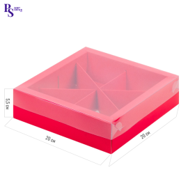Коробка под ассорти сладостей с пласт.крышкой, красная мат., 200*200*55 мм, арт. 026003