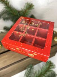Коробка для 9 конфет с обечайкой с окном, Зол. гирлянда (ТИСНЕНИЕ ЗОЛ ФОЛЬГОЙ на окне), арт.КУ-00735